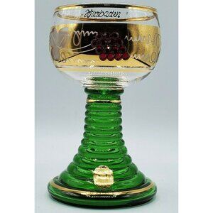 Vintage Roemer Souvenir Wine Glass Green Crystals Ribbed Stem .015l Gold Rim